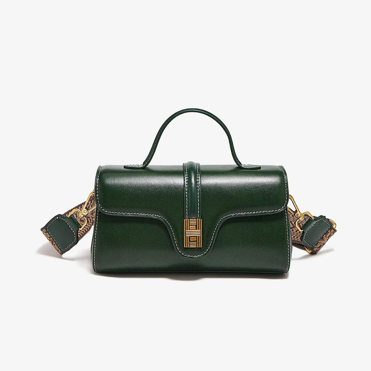 Cambridge-style leather messenger bag in clamshell design with lock detail and internal compartments