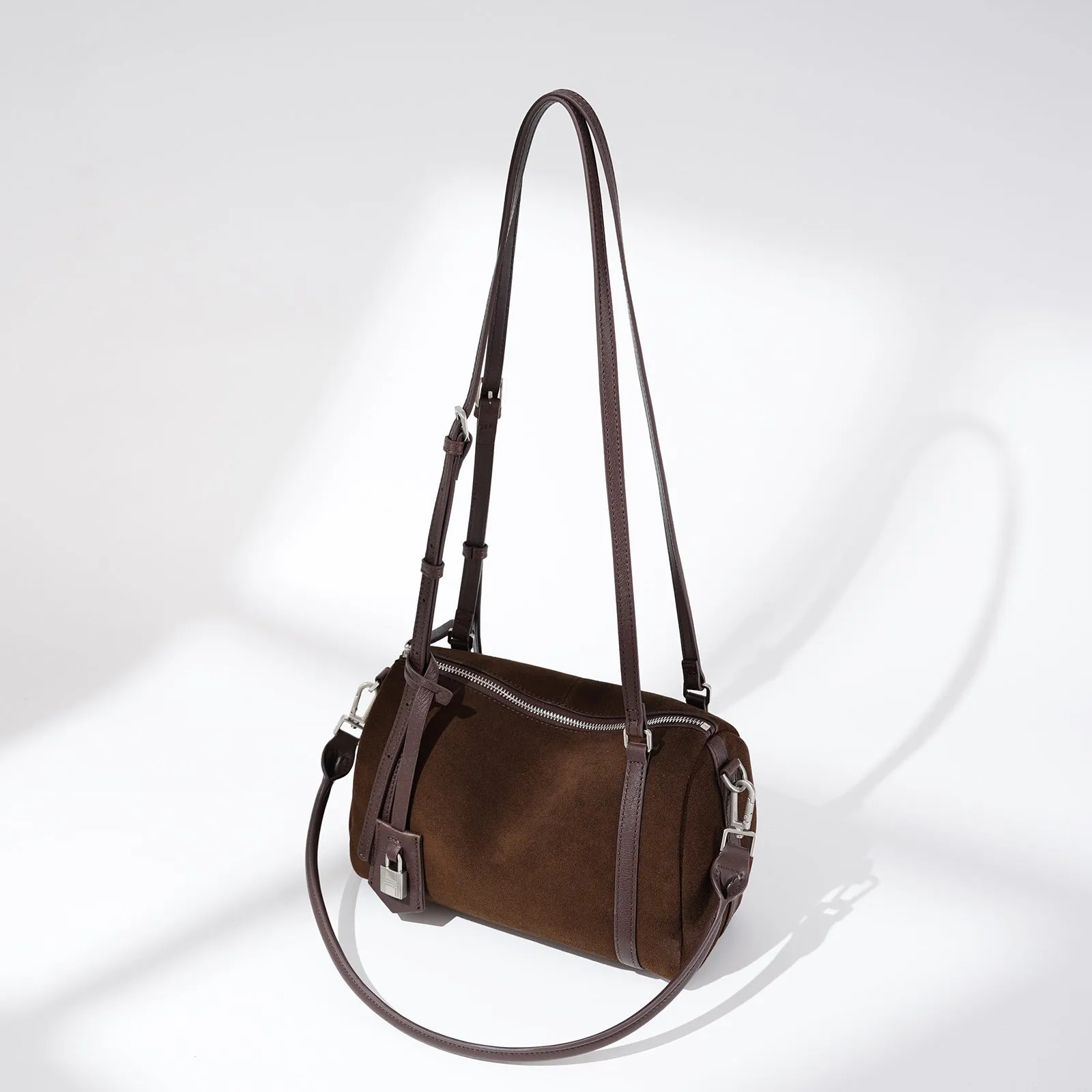 Retro first layer cowhide leather crossbody bag with double shoulder straps in apricot colour