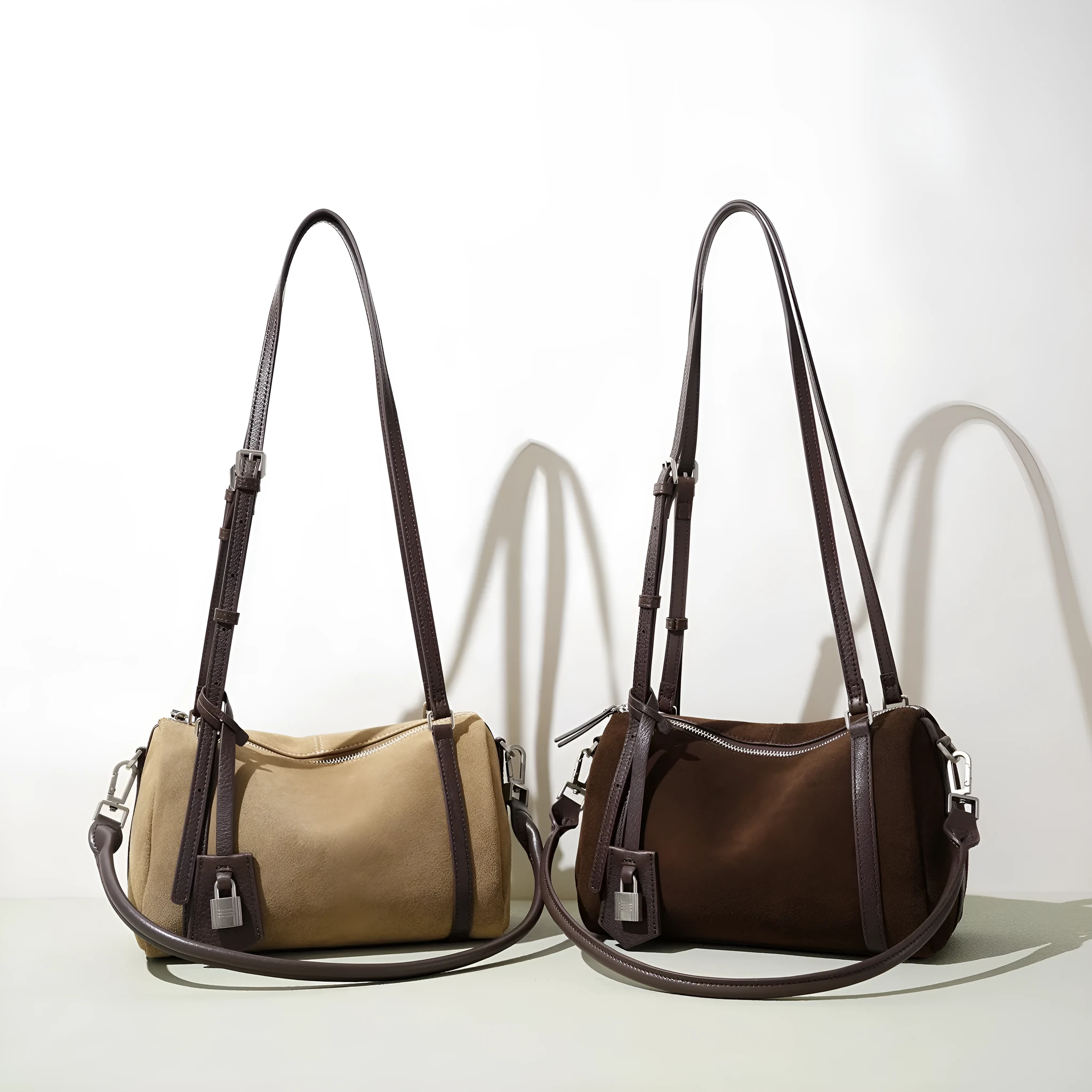 Retro first layer cowhide leather crossbody bag with double shoulder straps in apricot colour