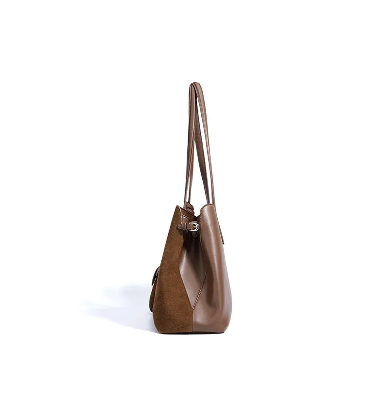 Dark brown genuine leather retro handbag horizontal square large capacity double shoulder straps