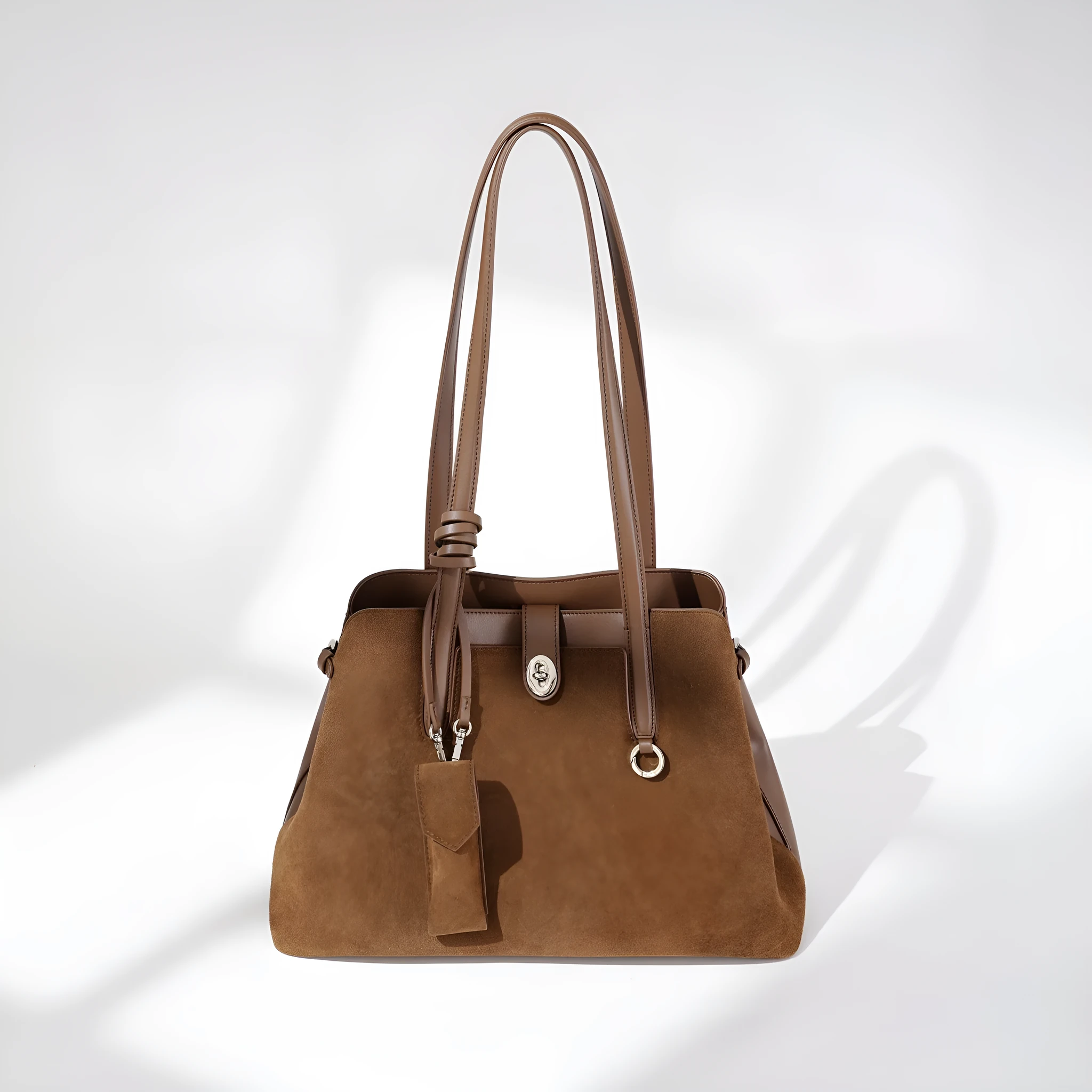 Dark brown genuine leather retro handbag horizontal square large capacity double shoulder straps