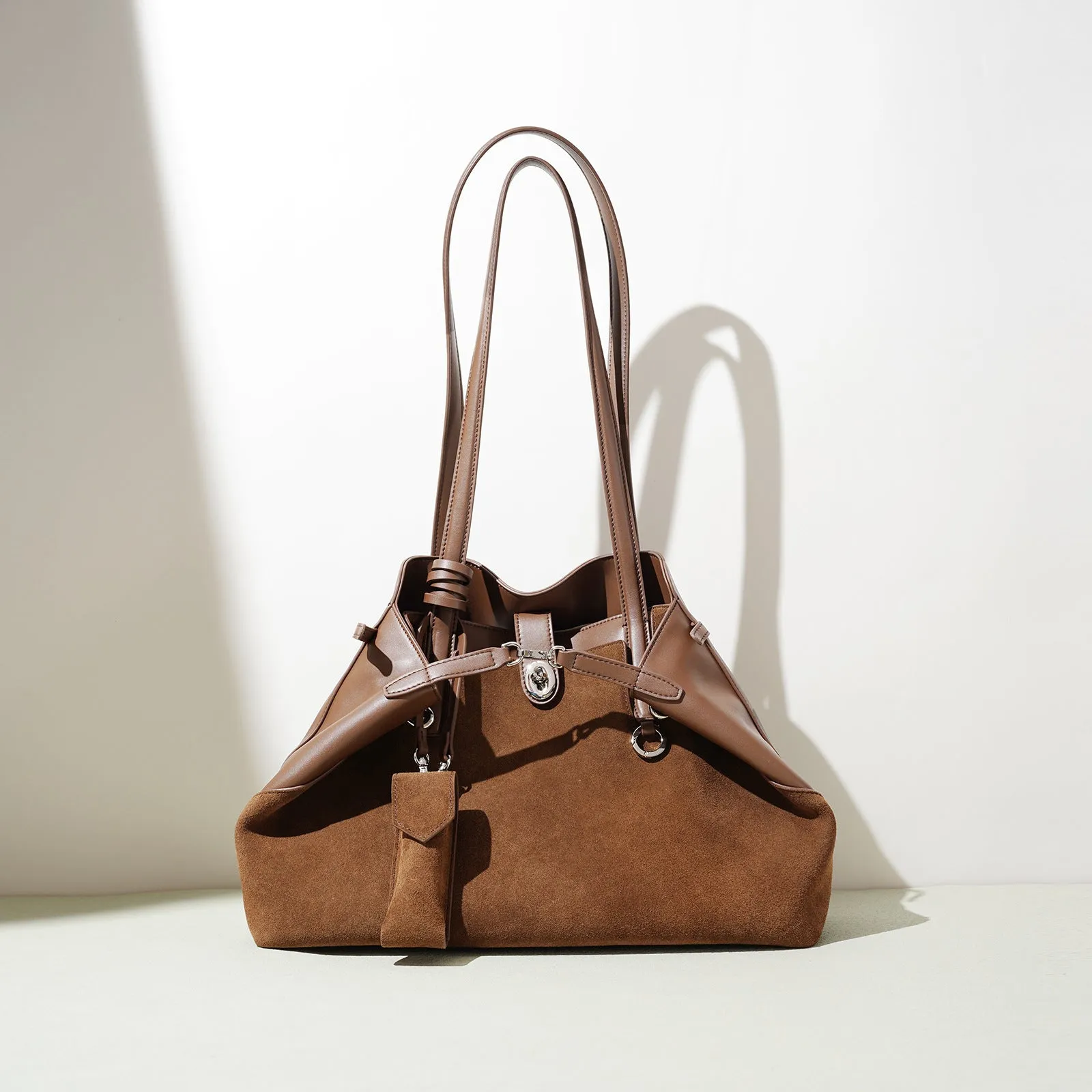 Dark brown genuine leather retro handbag horizontal square large capacity double shoulder straps