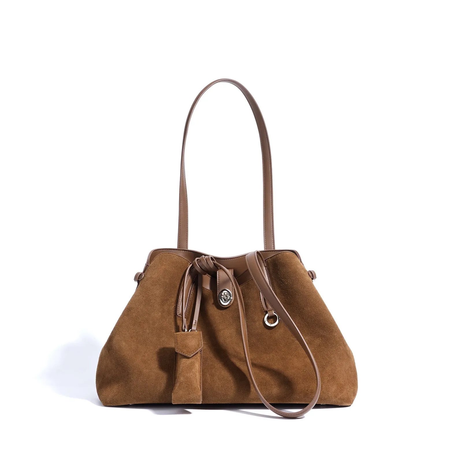 Dark brown genuine leather retro handbag horizontal square large capacity double shoulder straps