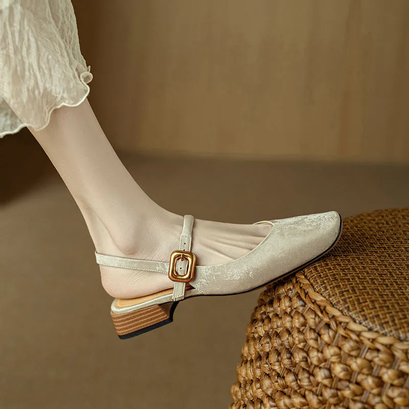 Retro square toe chunky heel closed toe sandals in apricot colour with microfiber upper