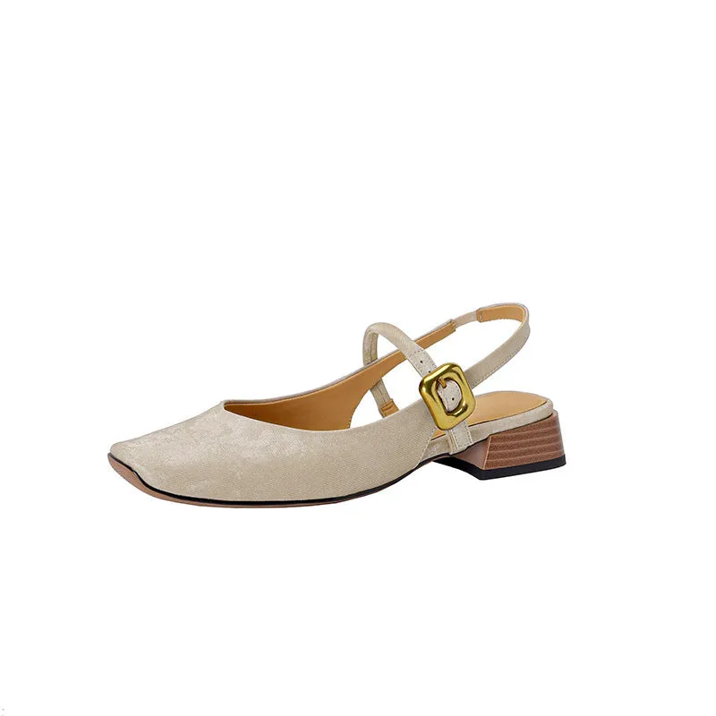 Retro square toe chunky heel closed toe sandals in apricot colour with microfiber upper
