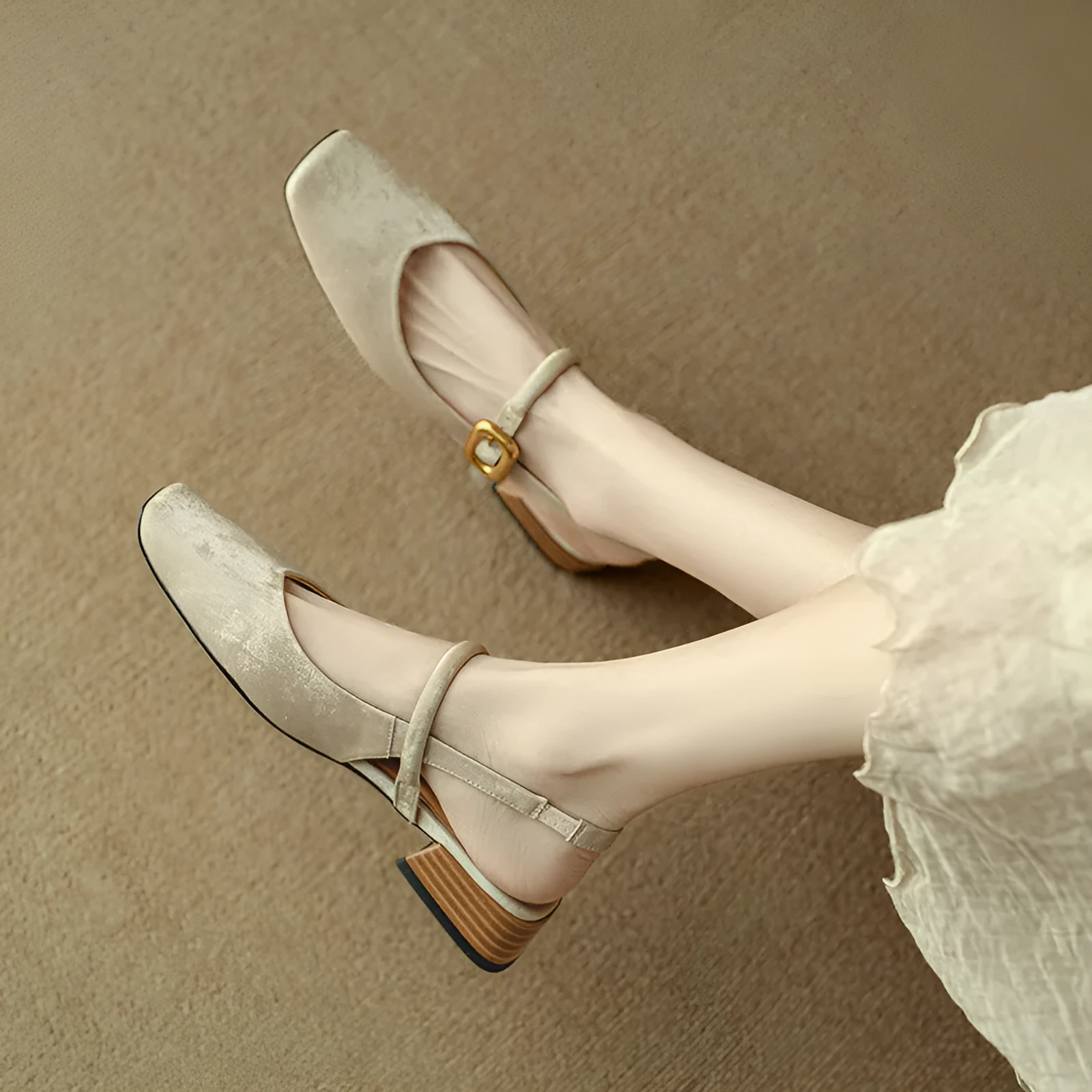 Retro square toe chunky heel closed toe sandals in apricot colour with microfiber upper