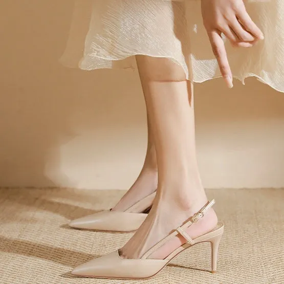 Women's apricot high-heeled sandals with single strap and buckle-toe closure
