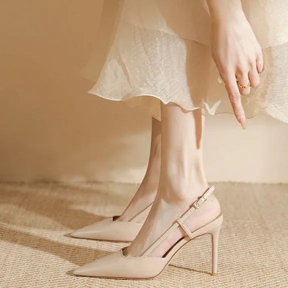 Women's apricot high-heeled sandals with single strap and buckle-toe closure