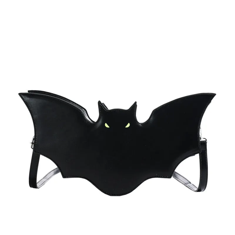 Black PU Halloween bat shaped shoulder messenger bag with crossbody strap on white background
