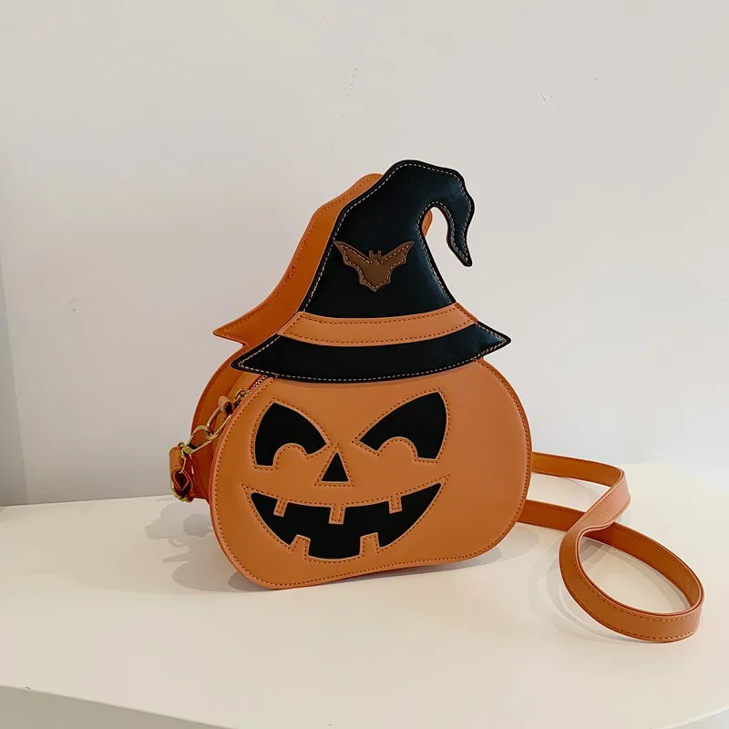 Orange pumpkin-shaped PU shoulder messenger bag for women with single strap