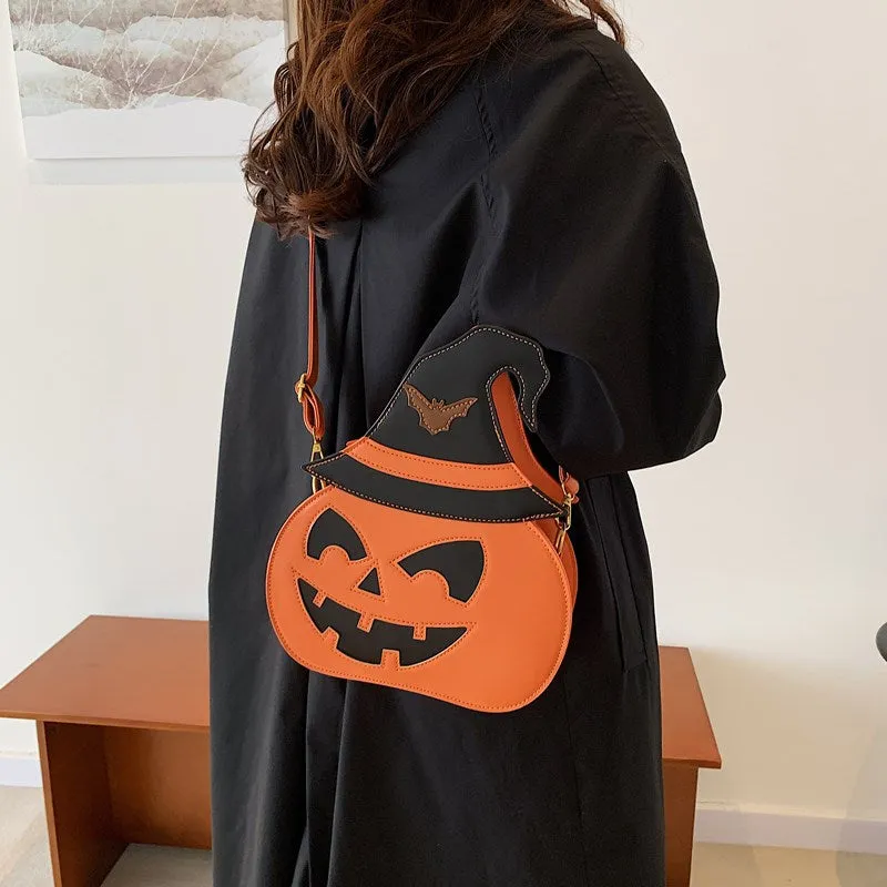 Orange pumpkin-shaped PU shoulder messenger bag for women with single strap