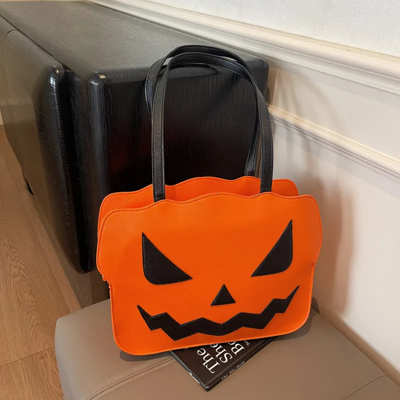 Women's fashion Halloween pumpkin shoulder messenger bag in PU leather, black and orange options