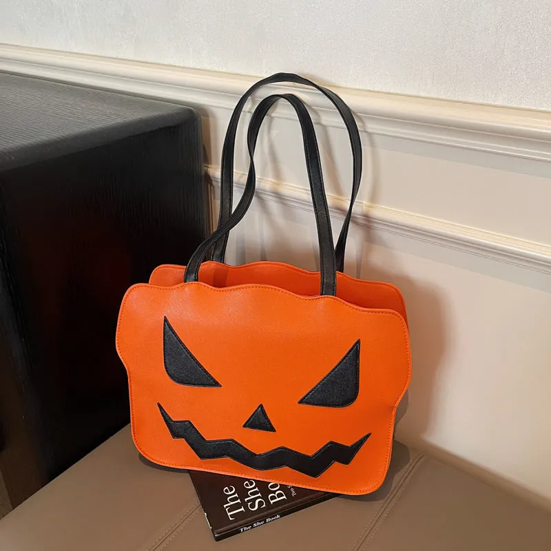 Women's fashion Halloween pumpkin shoulder messenger bag in PU leather, black and orange options