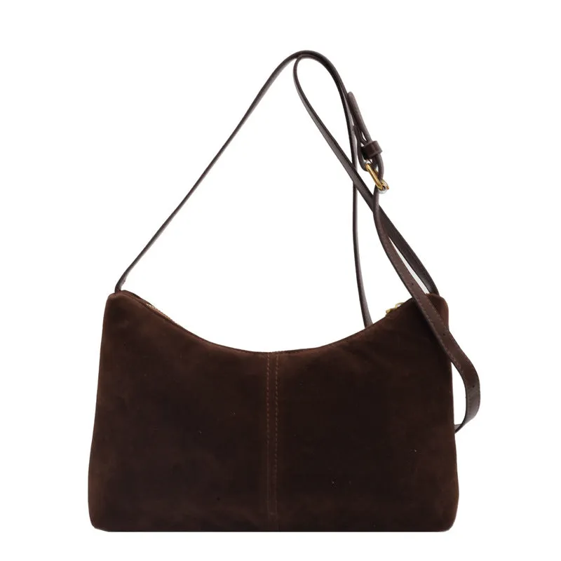 Retro suede underarm bag for women in brown, soft PU bucket style