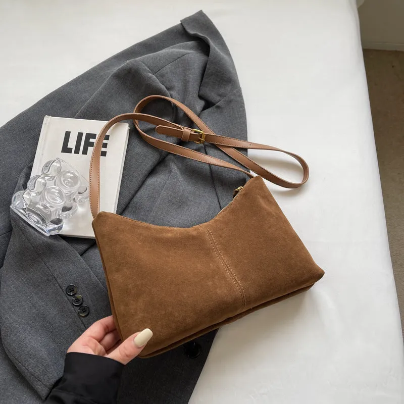 Retro suede underarm bag for women in brown, soft PU bucket style