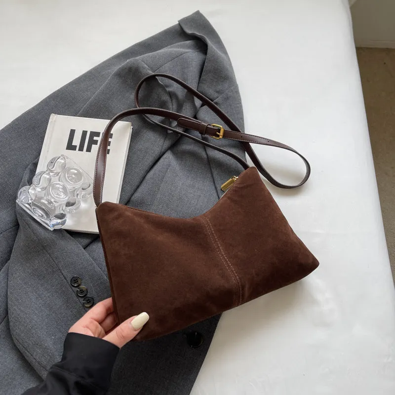 Retro suede underarm bag for women in brown, soft PU bucket style
