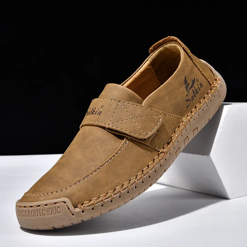 Autumn leisure hand-stitched PU upper Velcro shoes in flat heel round toe low-top casual style