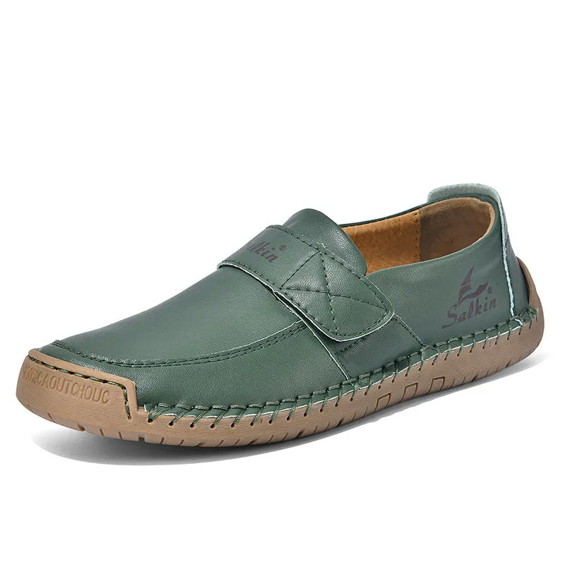 Autumn leisure hand-stitched PU upper Velcro shoes in flat heel round toe low-top casual style