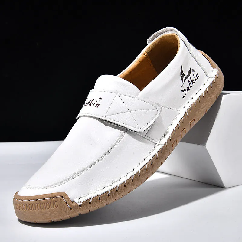 Autumn leisure hand-stitched PU upper Velcro shoes in flat heel round toe low-top casual style