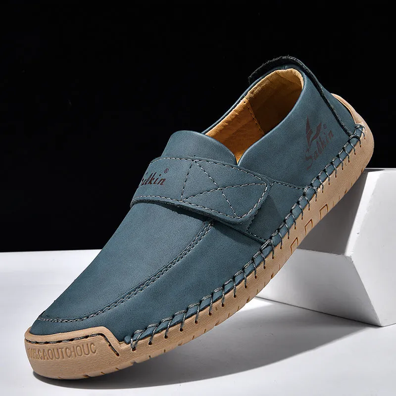 Autumn leisure hand-stitched PU upper Velcro shoes in flat heel round toe low-top casual style
