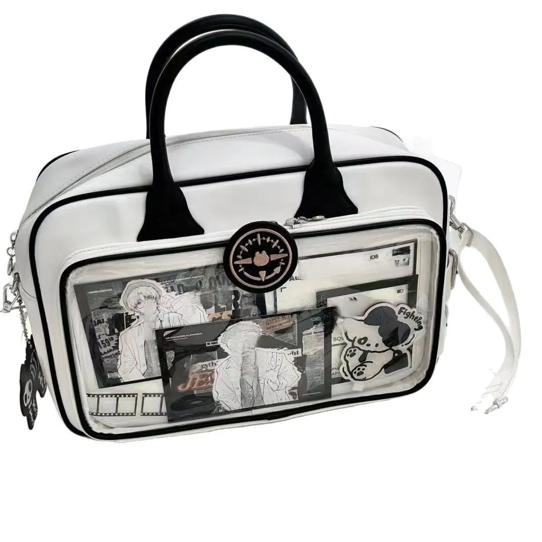 One shoulder crossbody bag PU large capacity 42x24cm black horizontal square style with outer pocket