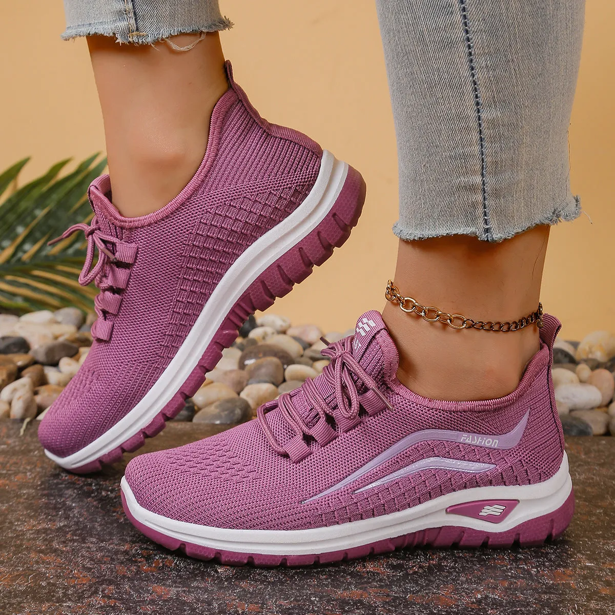 Women's breathable mesh casual sports shoes with non-slip rubber sole, low top, lace-up closure, available in multiple colours and sizes 36-42