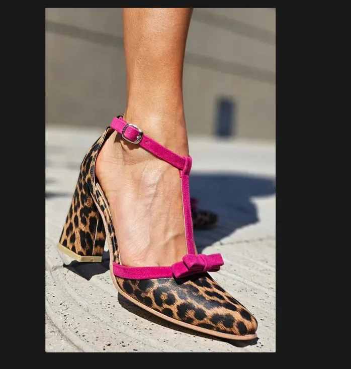 Colourblock bow buckle high heel shoes in leopard rose red with pointed toe and buckle fastening