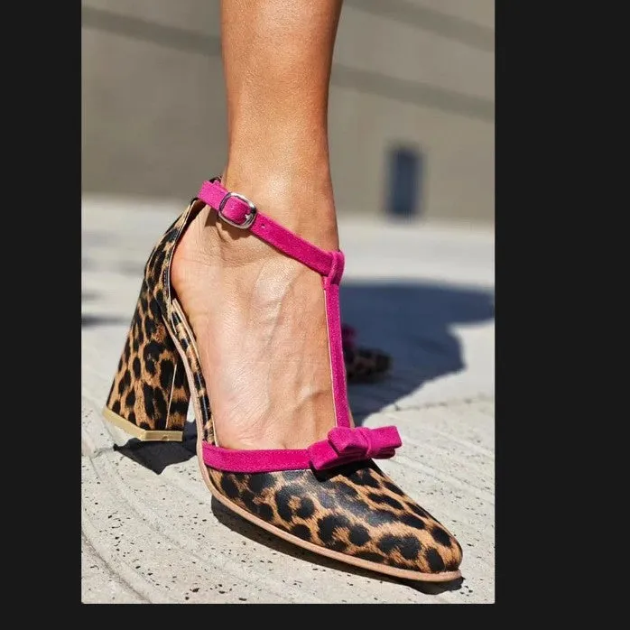 Colourblock bow buckle high heel shoes in leopard rose red with pointed toe and buckle fastening