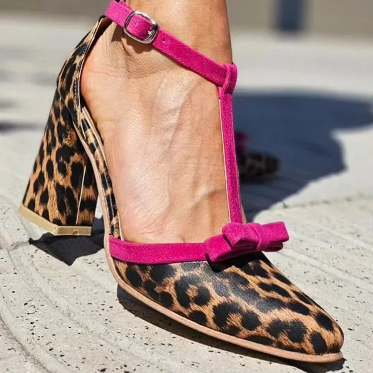 Colourblock bow buckle high heel shoes in leopard rose red with pointed toe and buckle fastening