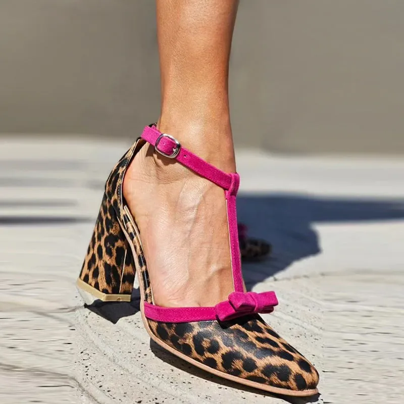 Colourblock bow buckle high heel shoes in leopard rose red with pointed toe and buckle fastening
