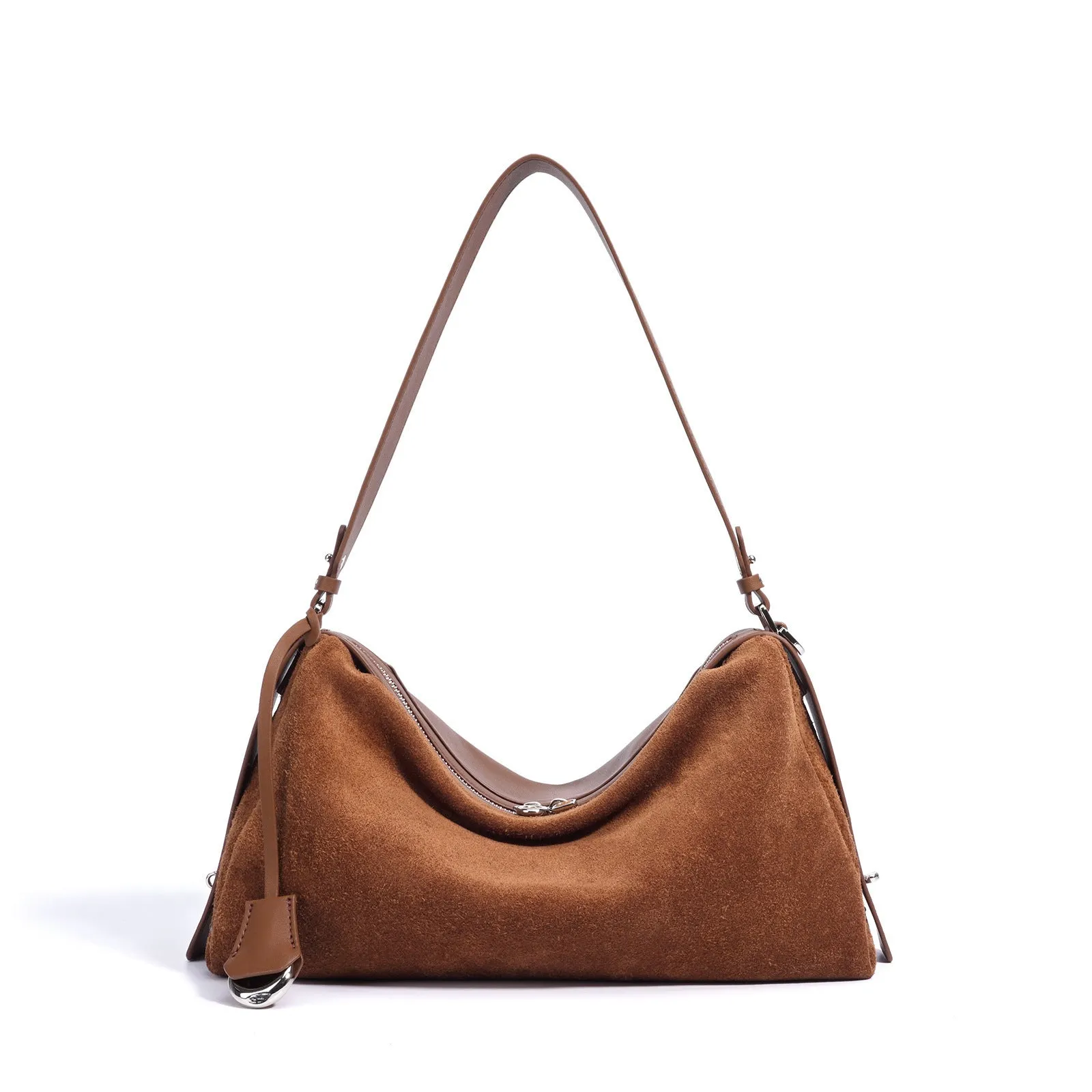 Genuine leather tote handbag in caramel colour, first layer cowhide, horizontal square shape with single shoulder strap