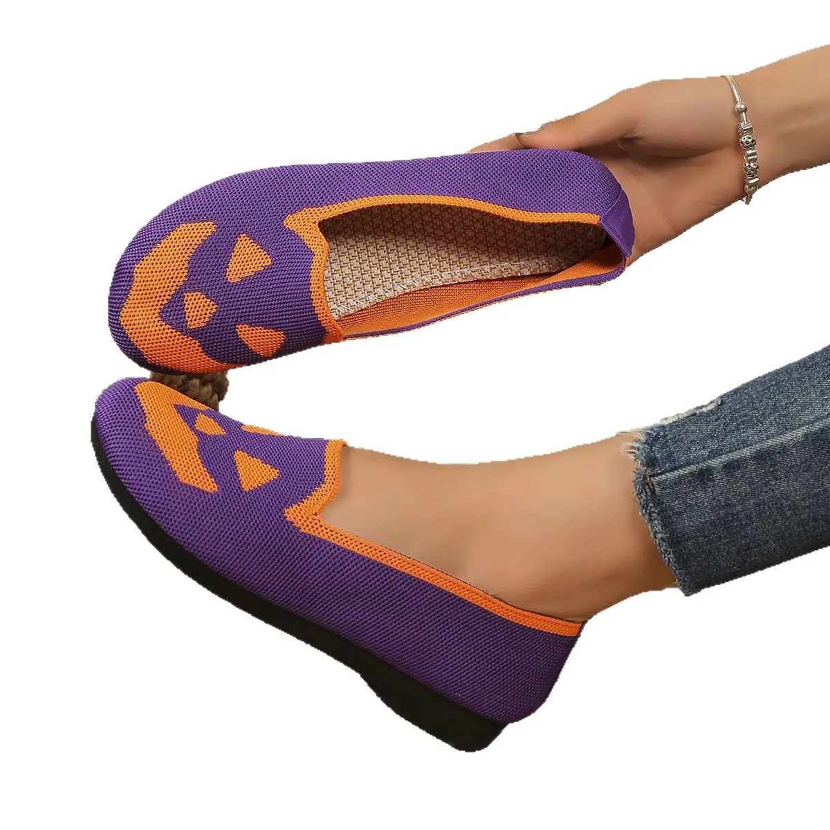 Women's Halloween pumpkin printed breathable mesh flying woven shoes with flat heel in black colour option