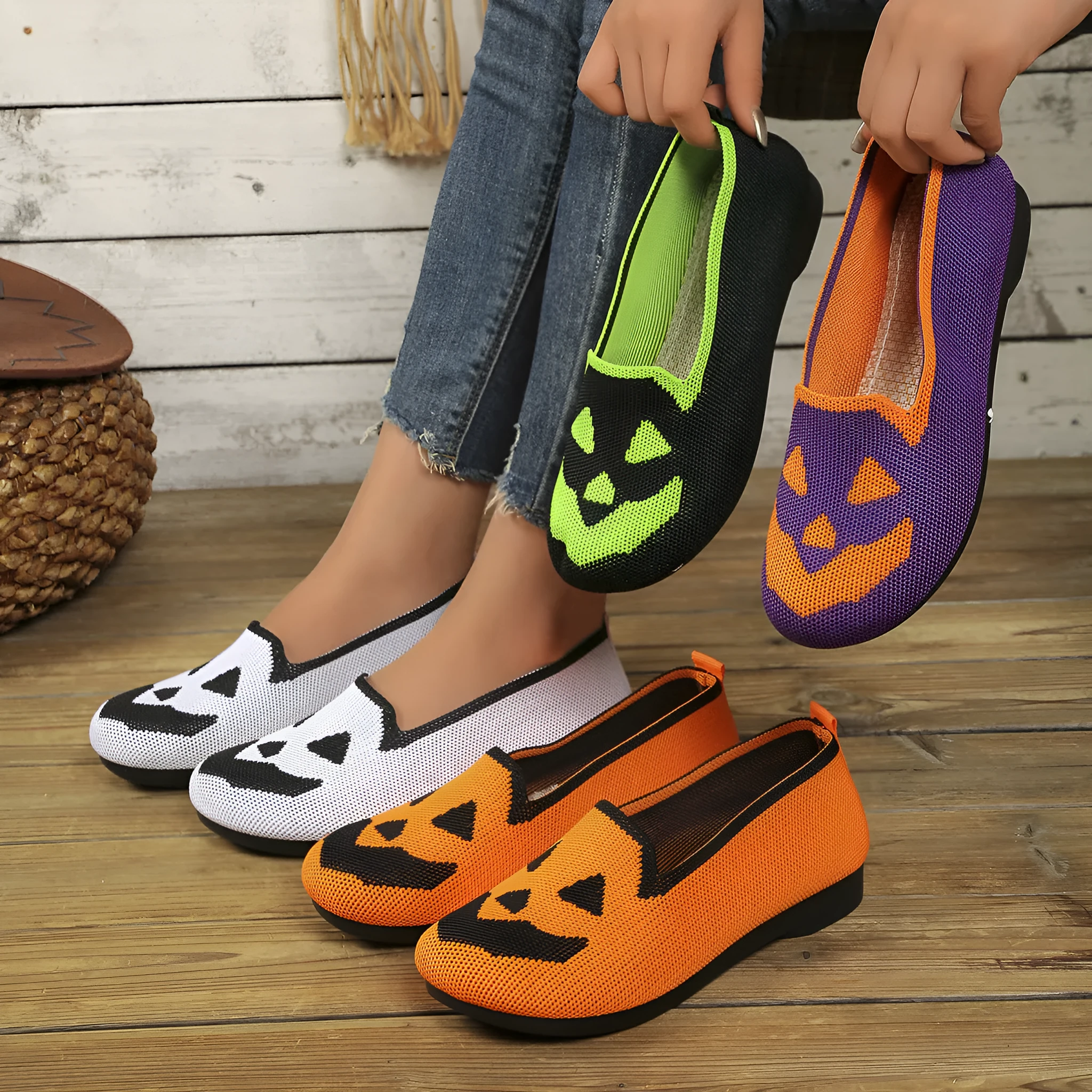 Women's Halloween pumpkin printed breathable mesh flying woven shoes with flat heel in black colour option