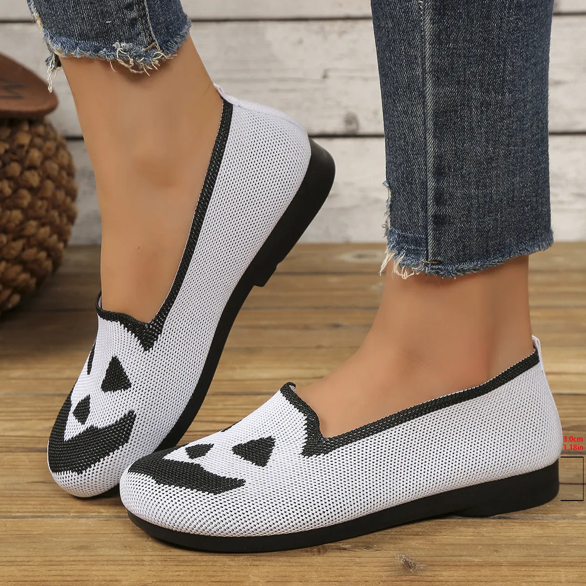 Women's Halloween pumpkin printed breathable mesh flying woven shoes with flat heel in black colour option