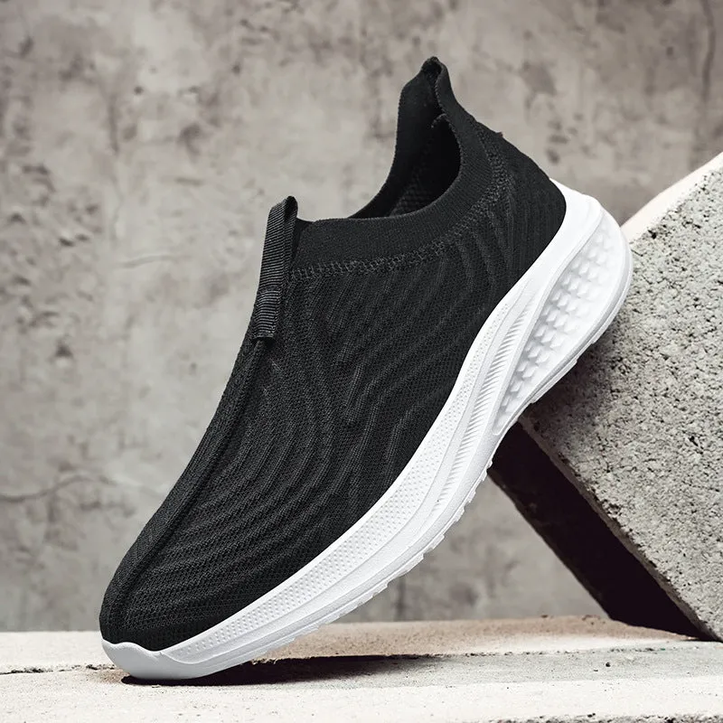 Casual lightweight soft sole slip-on loafers for couples in solid colour, Flyknit upper, low heel