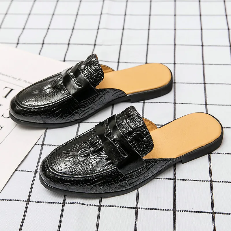 Men's closed toe half-support crocodile pattern PU leather slippers in black, side view