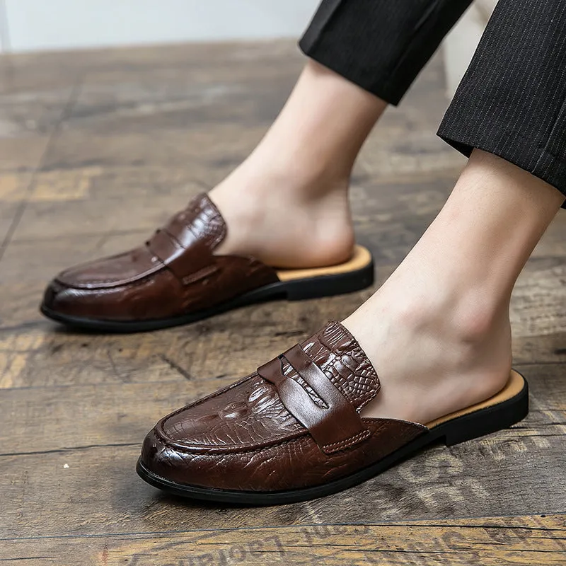 Men's closed toe half-support crocodile pattern PU leather slippers in black, side view