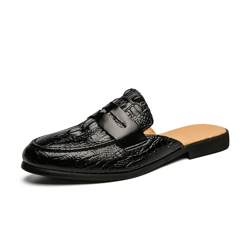 Men's closed toe half-support crocodile pattern PU leather slippers in black, side view