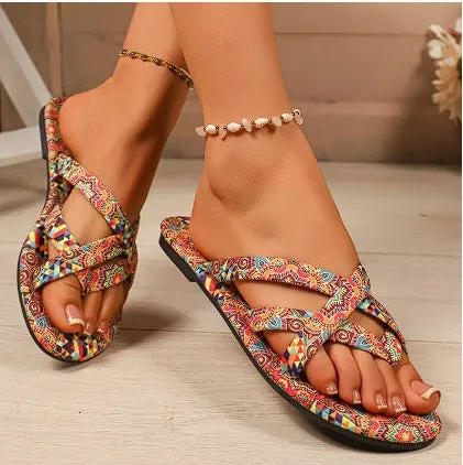Women's flat printed slippers with ethnic-style design in multiple colours