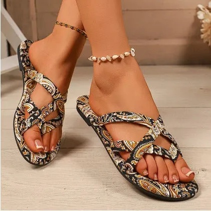 Women's flat printed slippers with ethnic-style design in multiple colours