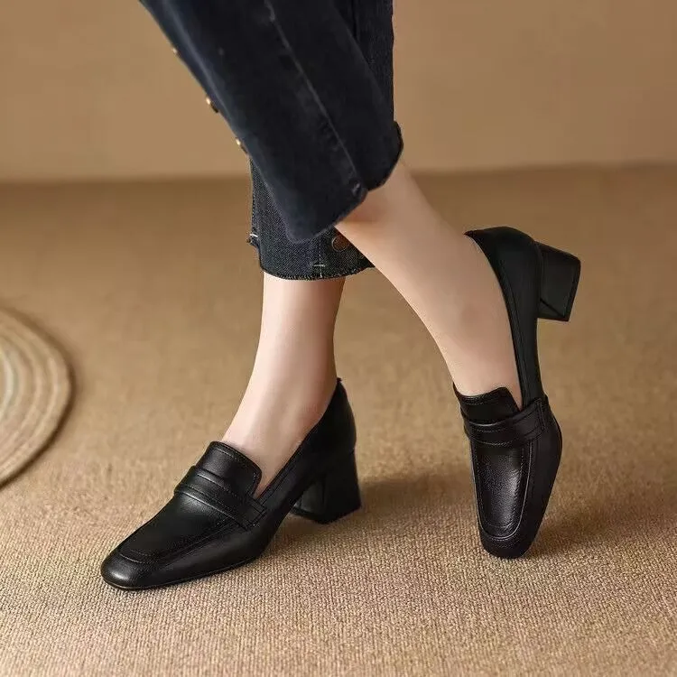 Women's chunky heel square toe waterproof platform shoes in black and dark brown, sizes 35-40