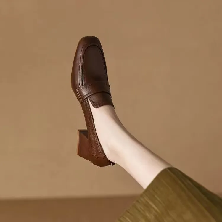 Women's chunky heel square toe waterproof platform shoes in black and dark brown, sizes 35-40