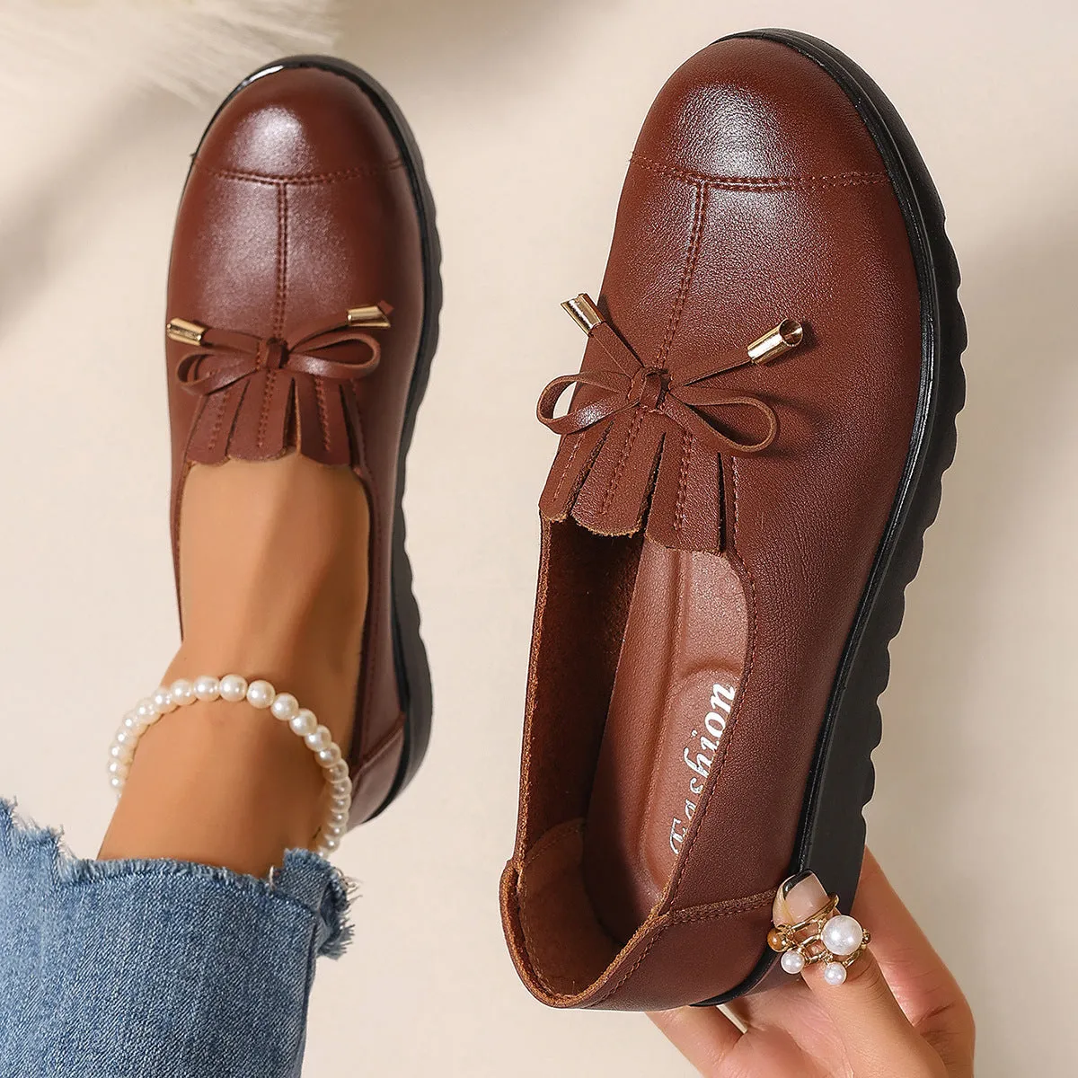 Women's non-slip flat shoes in wine red with soft microfiber upper and round toe