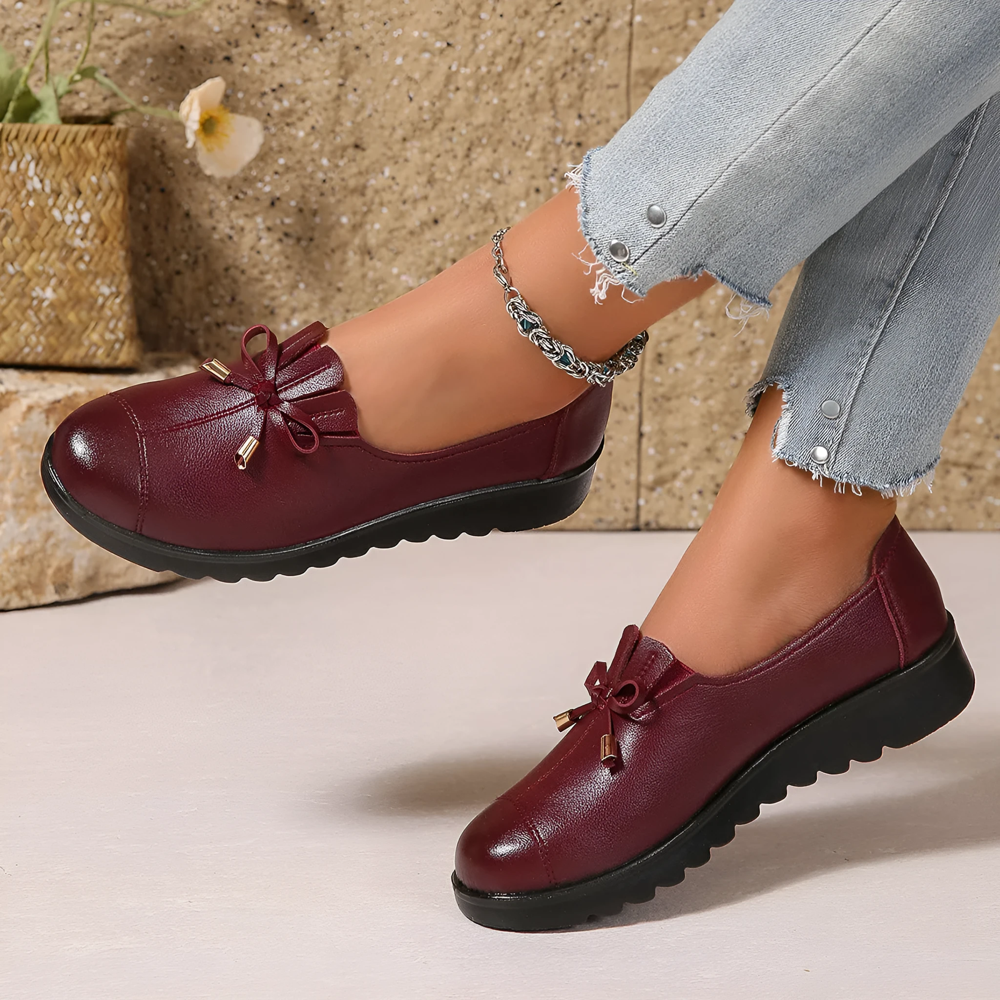 Women's non-slip flat shoes in wine red with soft microfiber upper and round toe