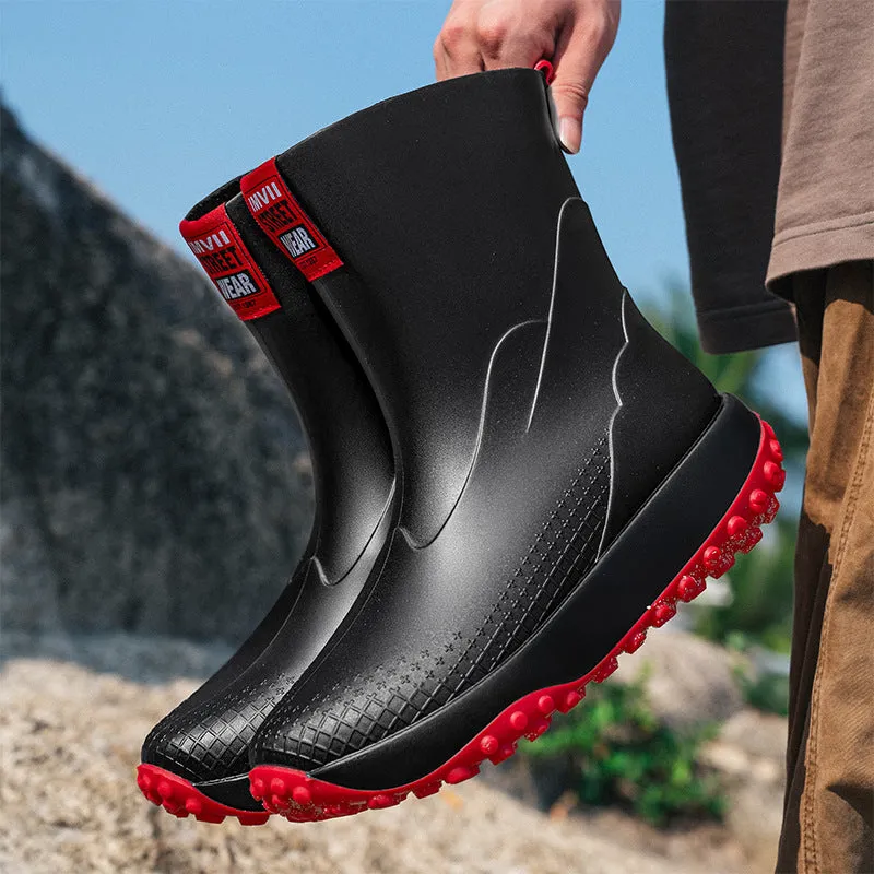 Men's mid-height PVC rain boots in beige colour with non-slip plastic soles