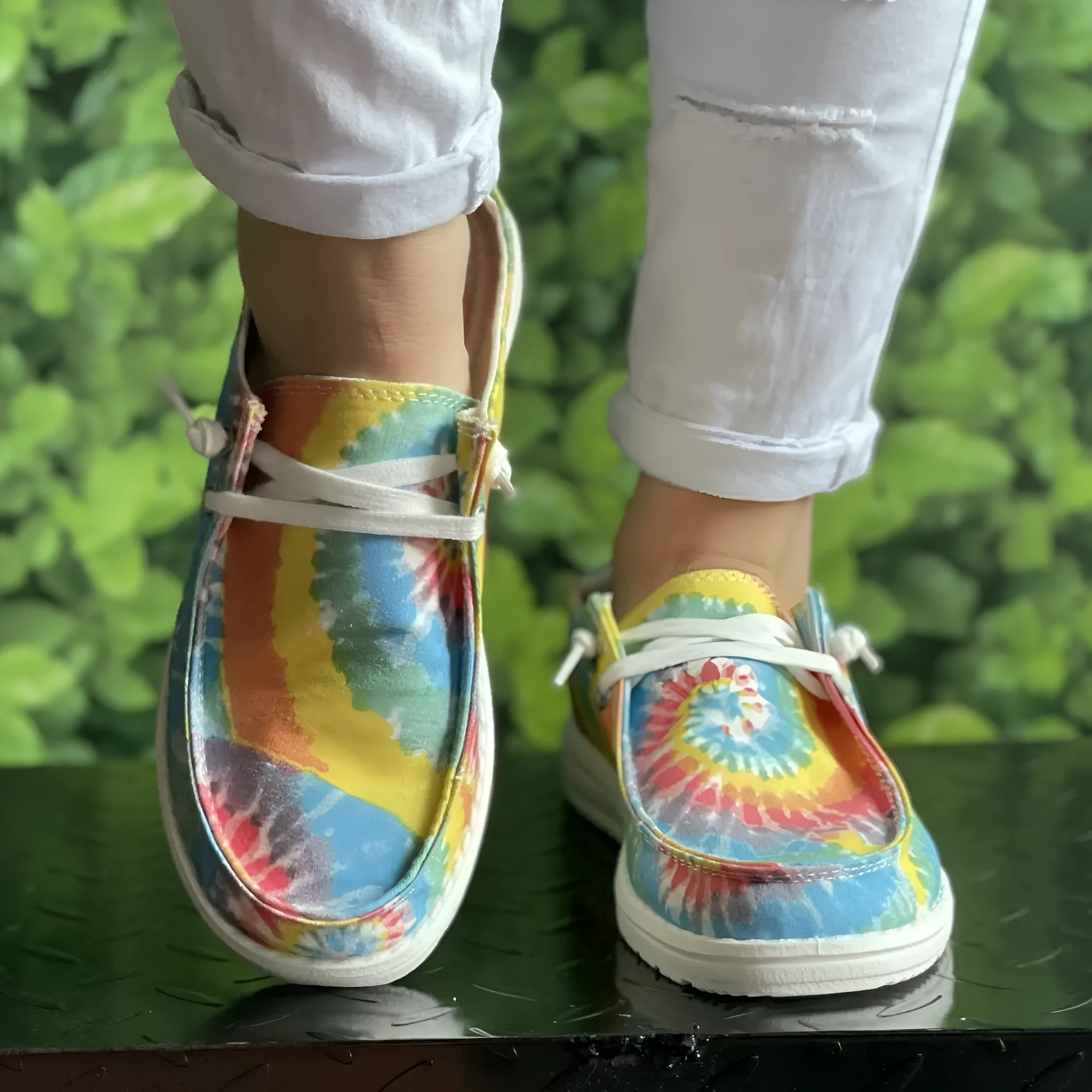Plus size tie-dye canvas boat shoes in yellow flower pattern with flat heel, sizes 36 to 42