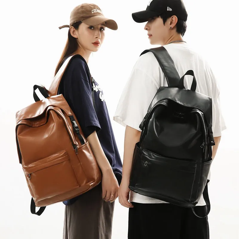 Travel Out large capacity PU leather backpack in black with air pillow belt and sewing thread design, 33x16x46cm