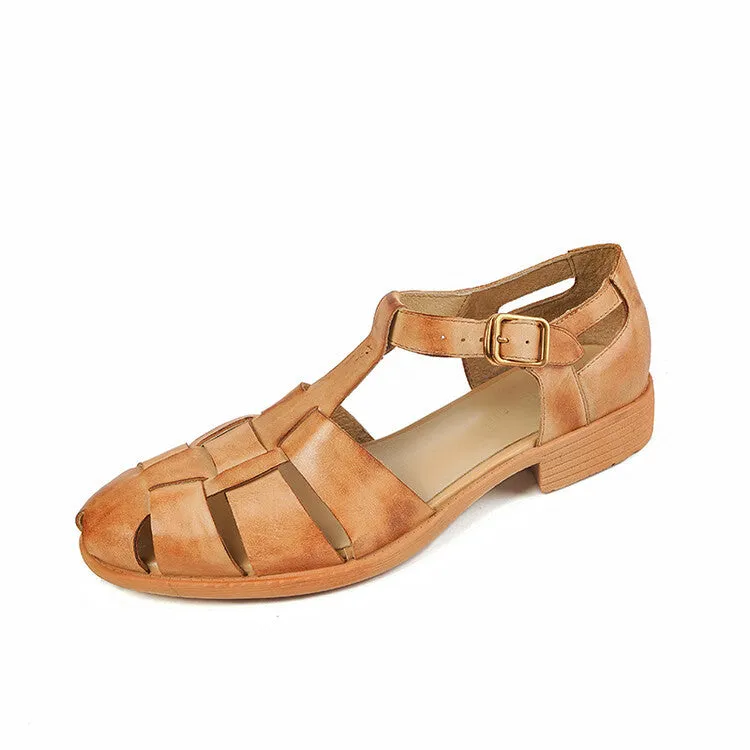 Summer low heel chunky retro Roman sandals for women in genuine leather, open toe, black colour