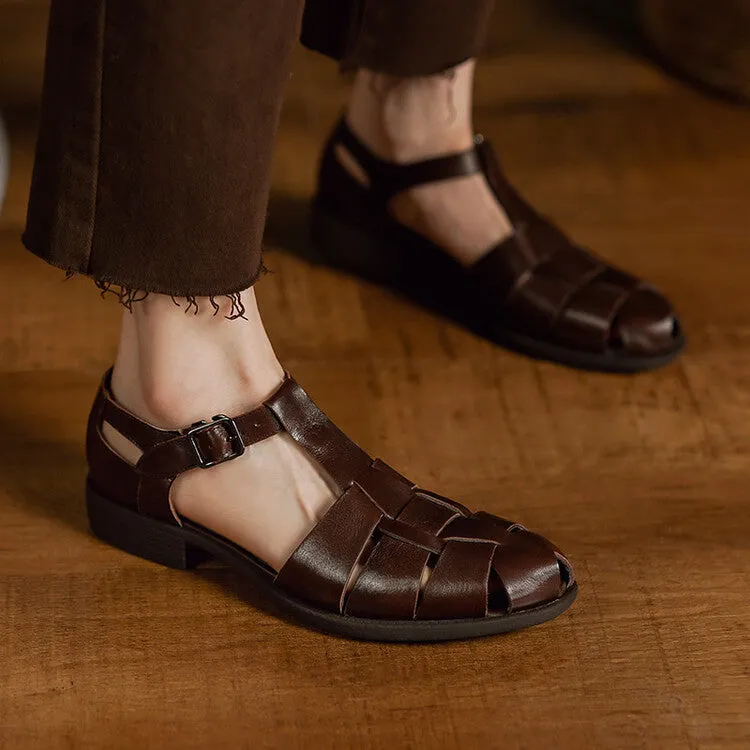 Summer low heel chunky retro Roman sandals for women in genuine leather, open toe, black colour