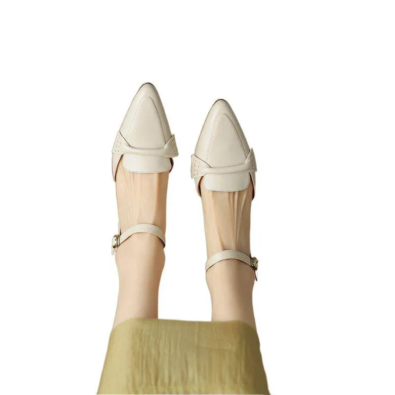 Women's pointed toe chunky heel sandals in apricot sheepskin with closed toe and TPR sole